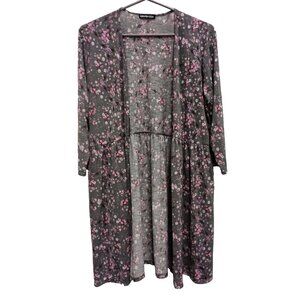 Heimish USA BOHO Cardigan Womens Large Gray Pink Floral Open Longline Cottage